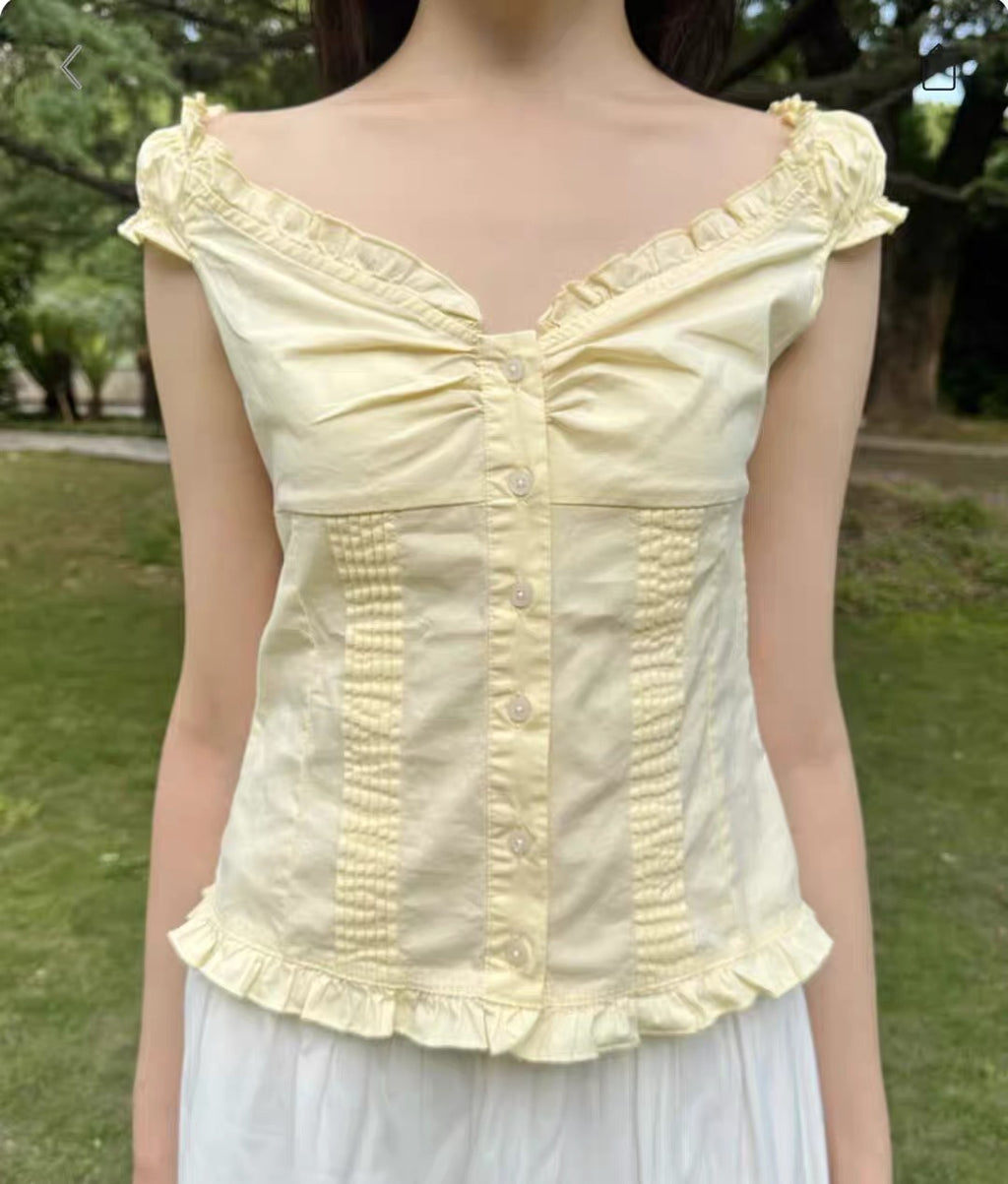 Ruffled Button-Down Top – Soft Yellow