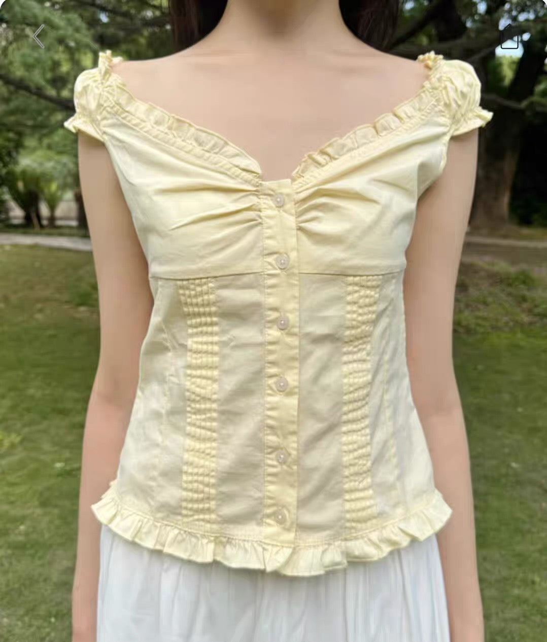 Ruffled Button-Down Top – Soft Yellow