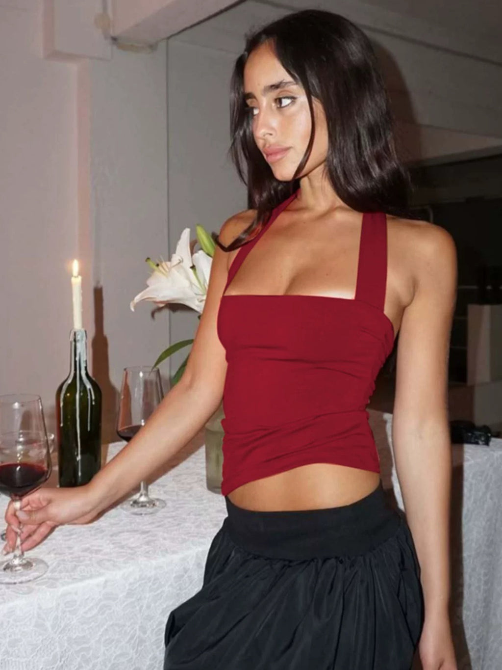 Deep Red Square Neck Halter Top