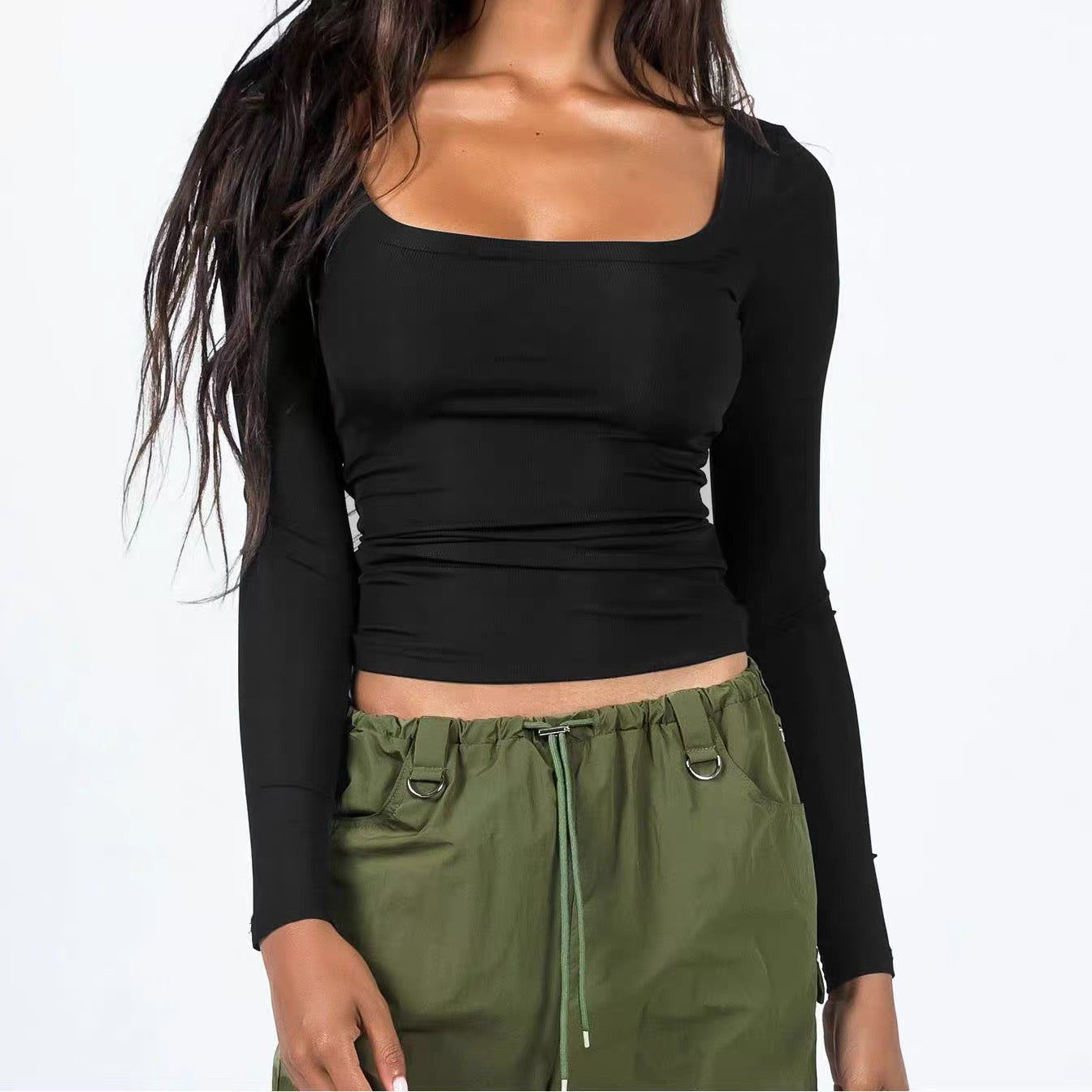 Square Neck Slim-Fit Long Sleeve Top